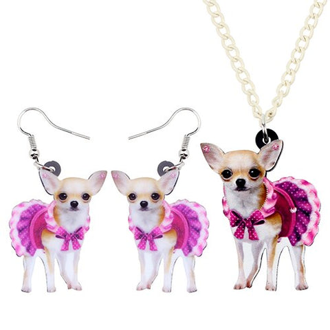 Sweet Pink Dress Chihuahua Dog Necklace Earrings Charm Gift Party Decoration
